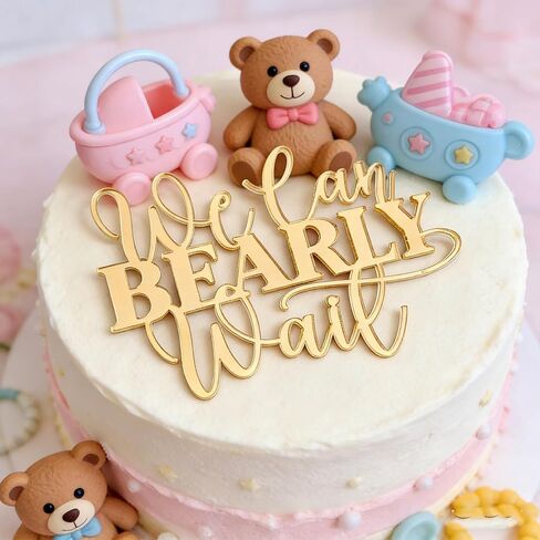 "We Can Bearly Wait" Baby Shower Cake Topper, Gold Acrylic Bear Theme Party Cake Topper, Welcome Baby,Pregnancy Announcement,Baby to Be for Baby Shower Party Supplies,Gender Reveal Photo Props in Saudi Arabia