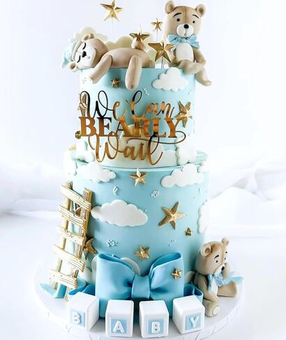 "We Can Bearly Wait" Baby Shower Cake Topper, Gold Acrylic Bear Theme Party Cake Topper, Welcome Baby,Pregnancy Announcement,Baby to Be for Baby Shower Party Supplies,Gender Reveal Photo Props in Saudi Arabia