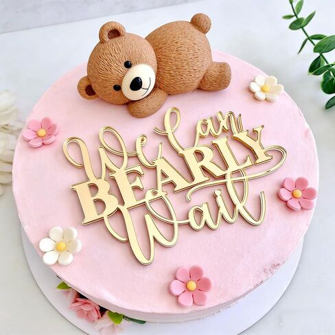"We Can Bearly Wait" Baby Shower Cake Topper, Gold Acrylic Bear Theme Party Cake Topper, Welcome Baby,Pregnancy Announcement,Baby to Be for Baby Shower Party Supplies,Gender Reveal Photo Props in Saudi Arabia