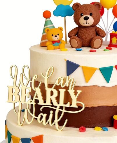 "We Can Bearly Wait" Baby Shower Cake Topper, Gold Acrylic Bear Theme Party Cake Topper, Welcome Baby,Pregnancy Announcement,Baby to Be for Baby Shower Party Supplies,Gender Reveal Photo Props in Saudi Arabia