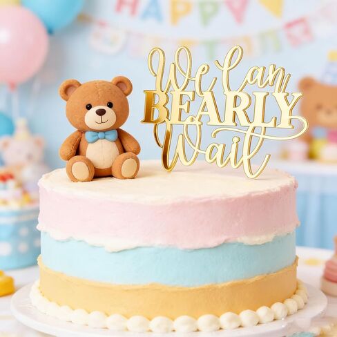 "We Can Bearly Wait" Baby Shower Cake Topper, Gold Acrylic Bear Theme Party Cake Topper, Welcome Baby,Pregnancy Announcement,Baby to Be for Baby Shower Party Supplies,Gender Reveal Photo Props in Saudi Arabia