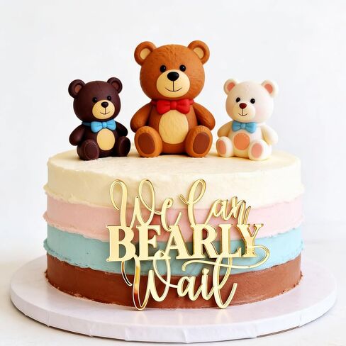 "We Can Bearly Wait" Baby Shower Cake Topper, Gold Acrylic Bear Theme Party Cake Topper, Welcome Baby,Pregnancy Announcement,Baby to Be for Baby Shower Party Supplies,Gender Reveal Photo Props in Saudi Arabia