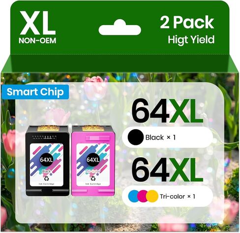 64 64XL خراطيش حبر باللون الأسود واللون بديل لمجموعة HP 64 XL HP64 أسود/لون مناسب لصورة Envy Photo 7975 7955e 7255e 7855 7155 7800 6255 7200 7120 Tango Printer 2-Pack (1 أسود، 1 ثلاثي الألوان) in Kuwait
