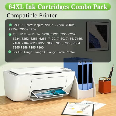 64 64XL خراطيش حبر باللون الأسود واللون بديل لمجموعة HP 64 XL HP64 أسود/لون مناسب لصورة Envy Photo 7975 7955e 7255e 7855 7155 7800 6255 7200 7120 Tango Printer 2-Pack (1 أسود، 1 ثلاثي الألوان) in Kuwait