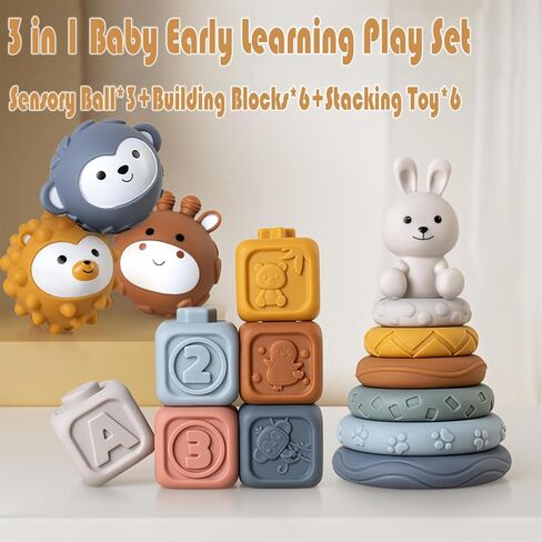 3-in-1 Baby Early Learning Play Bundle,Soft Stacking Building Blocks Ring Ball Set&Textured Multi Soft Sensory Ball forToddlers 06-18Months,Newborn Essentials Squeeze Teething Toy(Family Edition) in Kuwait