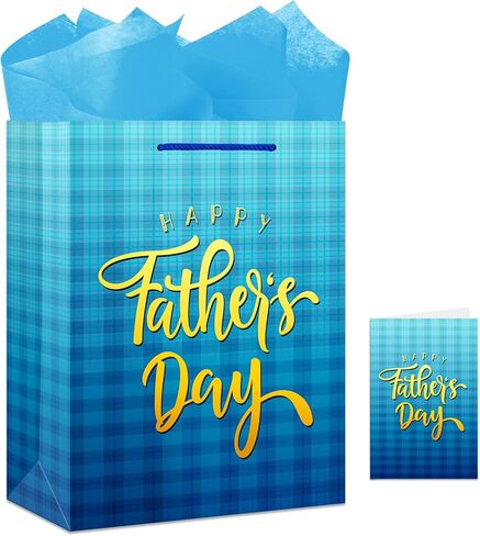 JUESMOS 13" Large Father's Day Gift Bag With Tissue Paper - Fathers Day Gift Bag - Blue Paper Bag with Greeting Cards Fathers Day Gift Bags for Men Dad Father Grandpa Party Favor Supplies in Kuwait