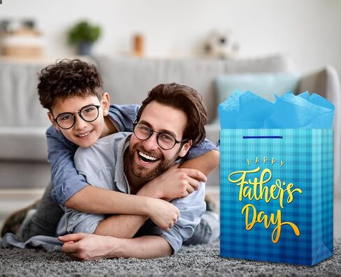 JUESMOS 13" Large Father's Day Gift Bag With Tissue Paper - Fathers Day Gift Bag - Blue Paper Bag with Greeting Cards Fathers Day Gift Bags for Men Dad Father Grandpa Party Favor Supplies in Kuwait