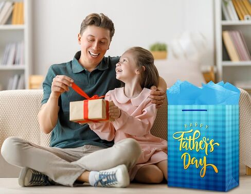 JUESMOS 13" Large Father's Day Gift Bag With Tissue Paper - Fathers Day Gift Bag - Blue Paper Bag with Greeting Cards Fathers Day Gift Bags for Men Dad Father Grandpa Party Favor Supplies in Kuwait