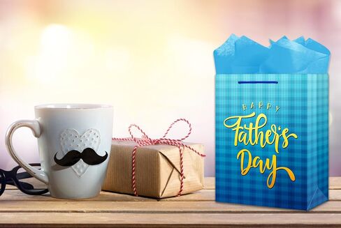 JUESMOS 13" Large Father's Day Gift Bag With Tissue Paper - Fathers Day Gift Bag - Blue Paper Bag with Greeting Cards Fathers Day Gift Bags for Men Dad Father Grandpa Party Favor Supplies in Kuwait