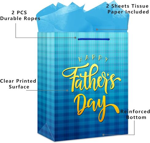 JUESMOS 13" Large Father's Day Gift Bag With Tissue Paper - Fathers Day Gift Bag - Blue Paper Bag with Greeting Cards Fathers Day Gift Bags for Men Dad Father Grandpa Party Favor Supplies in Kuwait