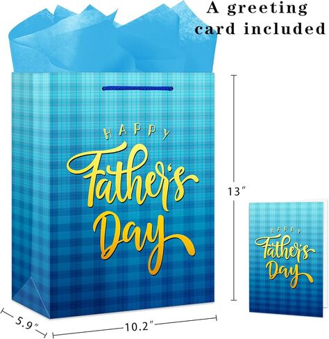 JUESMOS 13" Large Father's Day Gift Bag With Tissue Paper - Fathers Day Gift Bag - Blue Paper Bag with Greeting Cards Fathers Day Gift Bags for Men Dad Father Grandpa Party Favor Supplies in Kuwait