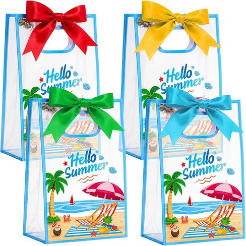 28Pcs Hello Summer Clear Gift Bags, Clear Beach Bag with Handles Ribbon Bows, Pool Party Favor Bag Hawaiian Goodie Candy Snack Treat Bag for End of School Year Summer Birthday Pool Beach Party Supply in Saudi Arabia