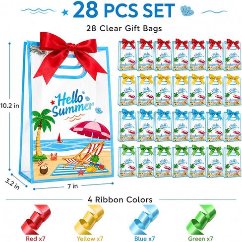 28Pcs Hello Summer Clear Gift Bags, Clear Beach Bag with Handles Ribbon Bows, Pool Party Favor Bag Hawaiian Goodie Candy Snack Treat Bag for End of School Year Summer Birthday Pool Beach Party Supply in Saudi Arabia