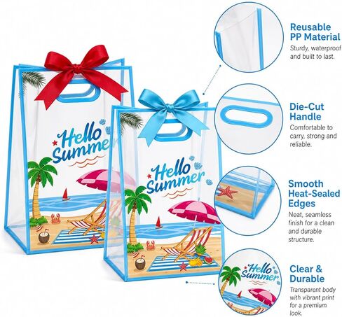 28Pcs Hello Summer Clear Gift Bags, Clear Beach Bag with Handles Ribbon Bows, Pool Party Favor Bag Hawaiian Goodie Candy Snack Treat Bag for End of School Year Summer Birthday Pool Beach Party Supply in Saudi Arabia