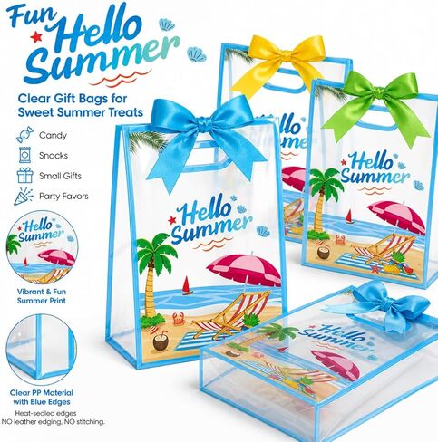 28Pcs Hello Summer Clear Gift Bags, Clear Beach Bag with Handles Ribbon Bows, Pool Party Favor Bag Hawaiian Goodie Candy Snack Treat Bag for End of School Year Summer Birthday Pool Beach Party Supply in Saudi Arabia