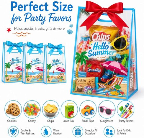 28Pcs Hello Summer Clear Gift Bags, Clear Beach Bag with Handles Ribbon Bows, Pool Party Favor Bag Hawaiian Goodie Candy Snack Treat Bag for End of School Year Summer Birthday Pool Beach Party Supply in Saudi Arabia