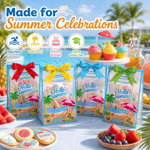 28Pcs Hello Summer Clear Gift Bags, Clear Beach Bag with Handles Ribbon Bows, Pool Party Favor Bag Hawaiian Goodie Candy Snack Treat Bag for End of School Year Summer Birthday Pool Beach Party Supply in Saudi Arabia