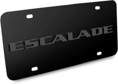 صورة iPick لشعار Cadillac Escalade ثلاثي الأبعاد باللون الرمادي المعدني على لوحة ترخيص سوداء من الفولاذ المقاوم للصدأ - مرخصة رسميًا in Kuwait