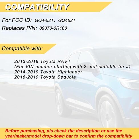 Vurkcy Key Fob Replacement for 2013-2018 Toyota RAV4/ 14-19 Highlander/ 18-19 Sequoia Car Keyless Entry Remote Control, GQ4-52T GQ452T, 4 Buttons in Kuwait