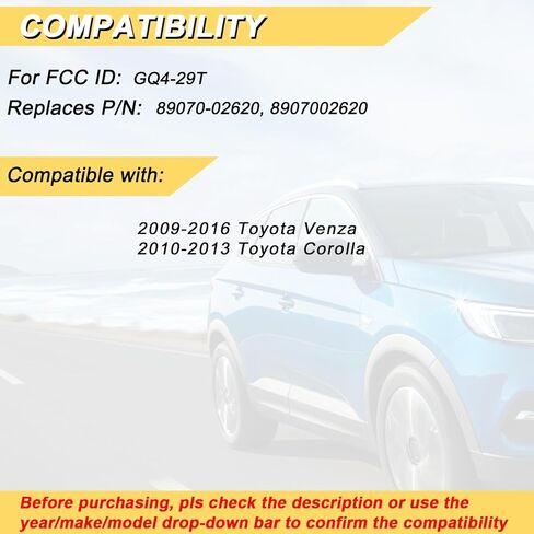 استبدال Vurkcy Key Fob لـ 2009-2016 Toyota Venza/ 10-13 Corolla جهاز التحكم عن بعد للدخول بدون مفتاح للسيارة، GQ4-29T، 4 أزرار in Kuwait
