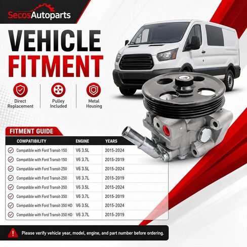 مضخة توجيه كهربائية STP320 من SecosAutoparts مع بكرة متوافقة مع Ford Transit-150 250 350 350 HD 2015-2024 V6 3.5L 3.7L # CK4Z3A674A CK4Z3A674B CK4Z3A674C in Kuwait
