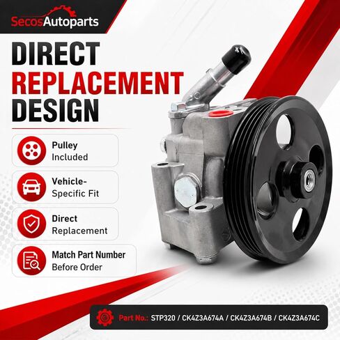 مضخة توجيه كهربائية STP320 من SecosAutoparts مع بكرة متوافقة مع Ford Transit-150 250 350 350 HD 2015-2024 V6 3.5L 3.7L # CK4Z3A674A CK4Z3A674B CK4Z3A674C in Kuwait