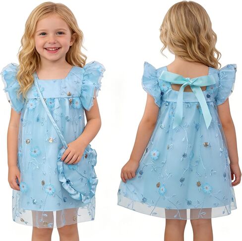 AGQT Toddler Girls Floral Dress Square Neck Puff Sleeve A-Line Smocked Dress with Bag Toddler Girls Summer Dress 12M-7T in Saudi Arabia