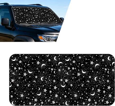 Windshield Sun Shade, Stars Moons Decorative Front Window Windshield Protector, 59" x 27.56" Sun Heat Car Visor Accessories, Universal for Most Cars, SUVs, Trucks (Black) in Kuwait