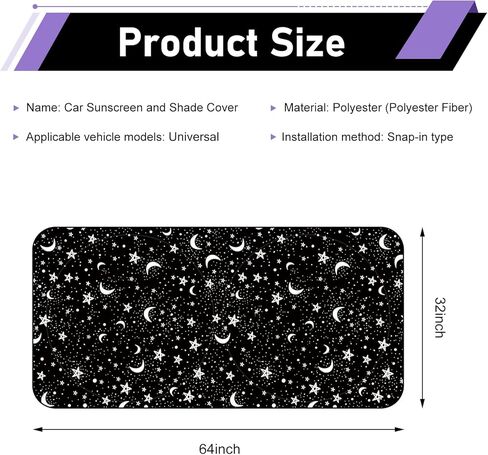 Windshield Sun Shade, Stars Moons Decorative Front Window Windshield Protector, 59" x 27.56" Sun Heat Car Visor Accessories, Universal for Most Cars, SUVs, Trucks (Black) in Kuwait