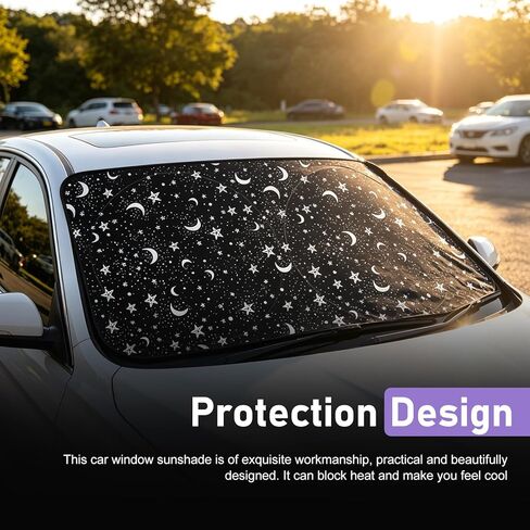 Windshield Sun Shade, Stars Moons Decorative Front Window Windshield Protector, 59" x 27.56" Sun Heat Car Visor Accessories, Universal for Most Cars, SUVs, Trucks (Black) in Kuwait