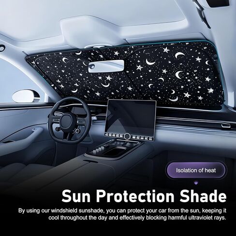 Windshield Sun Shade, Stars Moons Decorative Front Window Windshield Protector, 59" x 27.56" Sun Heat Car Visor Accessories, Universal for Most Cars, SUVs, Trucks (Black) in Kuwait