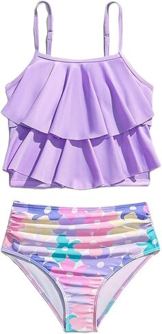 SHENHE Girl's 2 Piece Tankini Swimsuits Flowy Ruffle Flounce Floral Print Cute Bathing Suits in Saudi Arabia