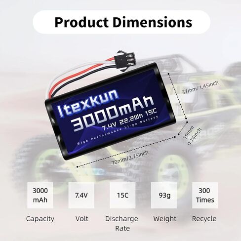 7.4V Li-ion Battery 3000mAh sm-3p Plug 15C 2S Rechargeable RC Battery for Huina 1575, DEERC D60 DE43 DE60 9500E 9309E with 2s Battery Charger in Saudi Arabia