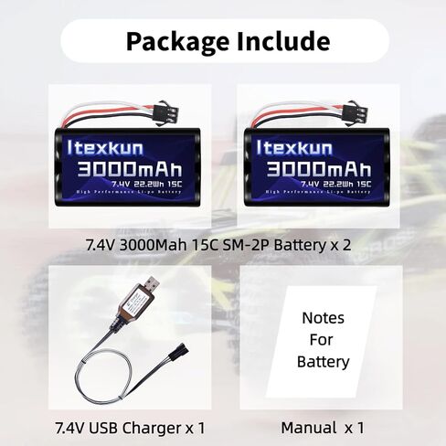 7.4V Li-ion Battery 3000mAh sm-3p Plug 15C 2S Rechargeable RC Battery for Huina 1575, DEERC D60 DE43 DE60 9500E 9309E with 2s Battery Charger in Saudi Arabia