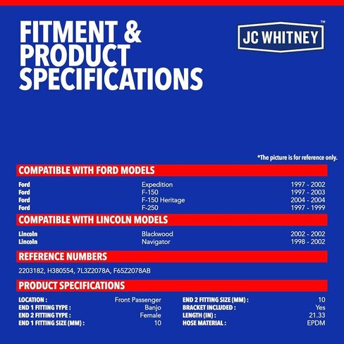 JC Whitney JFBAJCWBHH00189 خرطوم الفرامل الهيدروليكي الأيمن الأمامي - متوافق مع Ford F-150 97-03، F-250 97-99، F-150 Heritage 2004، Expedition 97-02، Lincoln Navigator 98-02، Blackwood 2002 in Saudi Arabia