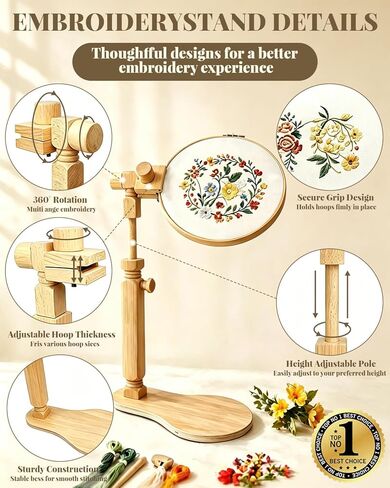 Wood Embroidery Hoop Stand Set, Needlepoint Stand for Lap, Embroidery Hoop Stand with Embroidery Kit for Beginners for Cross Stitch, Embroidery, and Art Craft Sewing Projects in Saudi Arabia