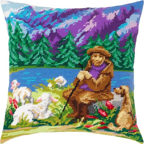 Brvsk Pastoral Stamped Cross-Stitch Kit for Adults and Beginners — Blue Mountains 16″ × 16″ with Clear, Precise Printed Design on Cotton Canvas; Includes 2 Needles, Yarn, and Easy-Read Chart in Kuwait