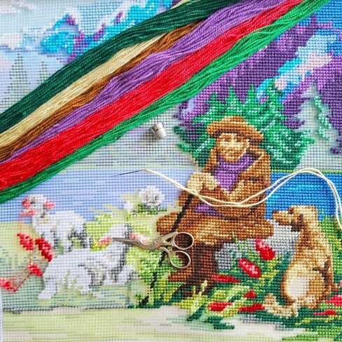 Brvsk Pastoral Stamped Cross-Stitch Kit for Adults and Beginners — Blue Mountains 16″ × 16″ with Clear, Precise Printed Design on Cotton Canvas; Includes 2 Needles, Yarn, and Easy-Read Chart in Kuwait