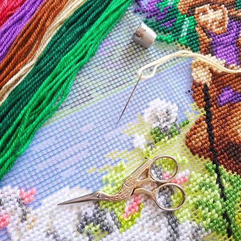 Brvsk Pastoral Stamped Cross-Stitch Kit for Adults and Beginners — Blue Mountains 16″ × 16″ with Clear, Precise Printed Design on Cotton Canvas; Includes 2 Needles, Yarn, and Easy-Read Chart in Kuwait