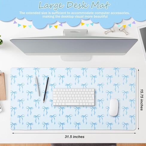 Hahafelt Large Blue Bows Mouse Pads Coquette Kawaii Mouse Pad 31.5 x 15.75 Inches Preppy Trendy Computer Desk Mat for Laptop with Non-Slip Rubber Base Mat Office Accessories Decor for Women in Kuwait