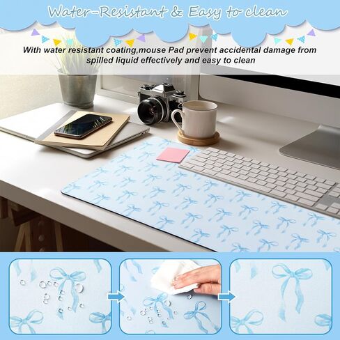 Hahafelt Large Blue Bows Mouse Pads Coquette Kawaii Mouse Pad 31.5 x 15.75 Inches Preppy Trendy Computer Desk Mat for Laptop with Non-Slip Rubber Base Mat Office Accessories Decor for Women in Kuwait