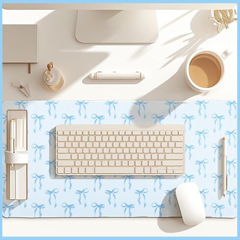 Hahafelt Large Blue Bows Mouse Pads Coquette Kawaii Mouse Pad 31.5 x 15.75 Inches Preppy Trendy Computer Desk Mat for Laptop with Non-Slip Rubber Base Mat Office Accessories Decor for Women in Kuwait