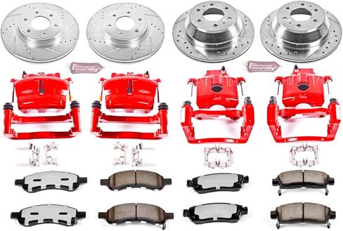 طقم الفرامل والفرجار الأمامي والخلفي PowerStop لسيارة شيفروليه تريل بليزر 2006-09 | Saab 9-7x 2008-09 - دوارات قرصية محفورة ومشقوقة + وسادات فرامل Z36 + ماسكات مطلية بمسحوق أحمر، KC1454-36 in Kuwait
