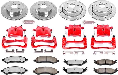 PowerStop Front and Rear Brake & Caliper Kit for Dodge Ram 1500 2006-08 - Drilled & Slotted Disc Rotors + Z36 Brake Pads + Red-Powder Coated Calipers, KC2164-36 in Kuwait