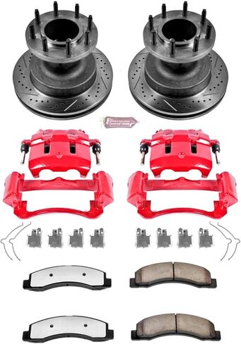 طقم الفرامل الأمامية والفرجار PowerStop لسيارة Ford F-350 Super Duty 1999-02 - دوارات قرصية محفورة ومشقوقة + وسادات فرامل Z36 + الفرجار المطلي بمسحوق أحمر، KC2907-36 in Kuwait
