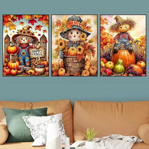 3 مجموعات من مجموعات الفن الماسي للبالغين، مجموعات الرسم الماسي للخريف للبالغين، 5D DIY حفر مستديرة لطلاء الأحجار الكريمة مع مجموعات نقاط الماس لديكور المنزل هدية العيد 12 × 16 بوصة (الفزاعة واليقطين) in Kuwait