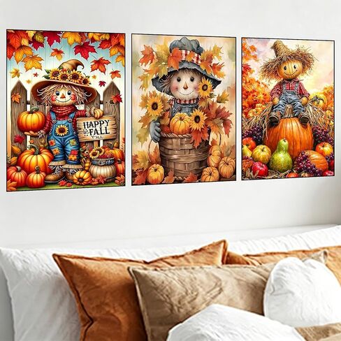 3 مجموعات من مجموعات الفن الماسي للبالغين، مجموعات الرسم الماسي للخريف للبالغين، 5D DIY حفر مستديرة لطلاء الأحجار الكريمة مع مجموعات نقاط الماس لديكور المنزل هدية العيد 12 × 16 بوصة (الفزاعة واليقطين) in Kuwait