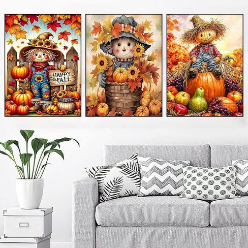 3 مجموعات من مجموعات الفن الماسي للبالغين، مجموعات الرسم الماسي للخريف للبالغين، 5D DIY حفر مستديرة لطلاء الأحجار الكريمة مع مجموعات نقاط الماس لديكور المنزل هدية العيد 12 × 16 بوصة (الفزاعة واليقطين) in Kuwait
