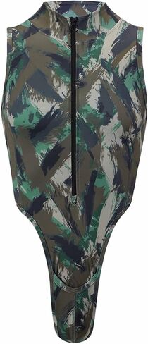 Landofgenie Mens Bodysuit Male Leotard Camo Print Zip Design Stand Collar Fitted Sleeveless Tank Top Adult Men's Bodywear in Saudi Arabia