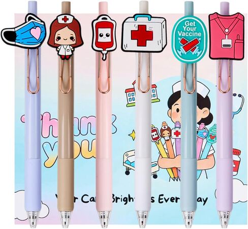 6 PCs Cute Nurse Pens - Funny Retractable Gel Pen with Medical Charms, Nurse Pens for Nursing School Essentials, Black Ink Set for RN LPN CNA, Nursing Accessories Nurse Week Nurse Appreciation Gifts in Saudi Arabia